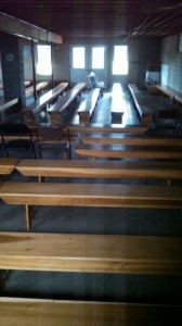 Amish baptism services are larger than normal church services, so extra benches like these are brought on the bench wagon to the house or barn where the special church service will be held.
